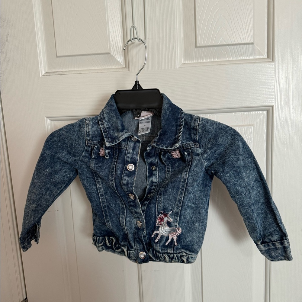 Little Lass Unicorn Bows and Pink Sequins Denim Jacket Girls Size toddler 3T